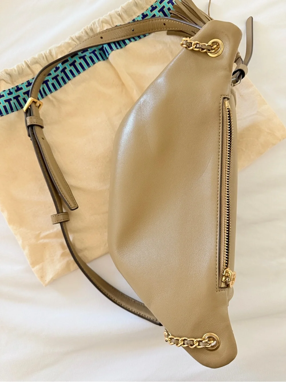Tory Burch Quilted Fleming Tan Belt Bag with Tassel